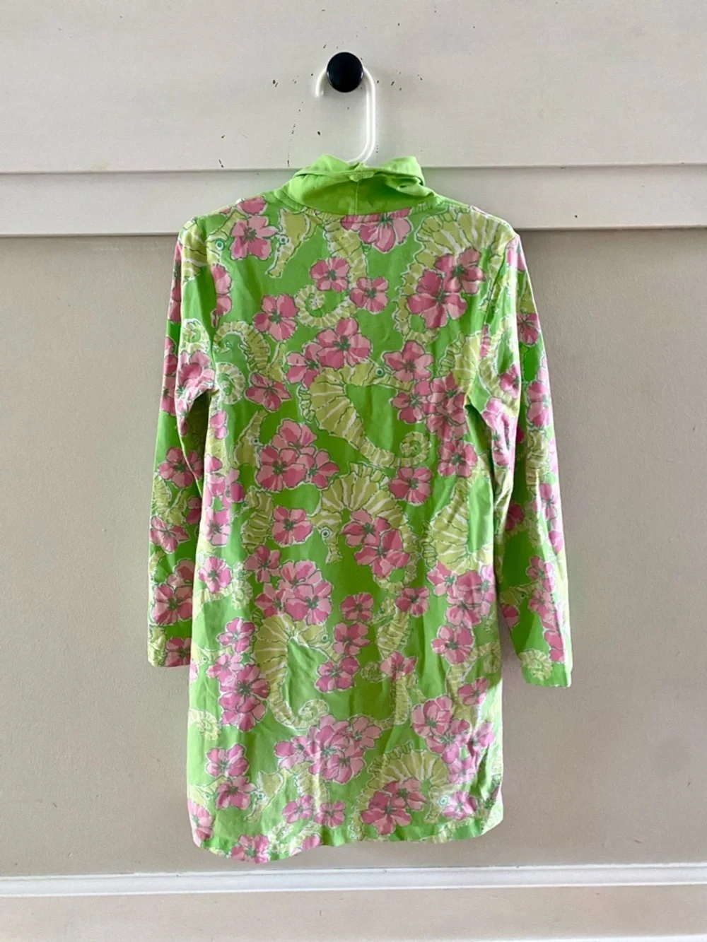 Lilly Pulitzer Seahorse Dress Long Sleeve Cotton Green Pink Size Medium
